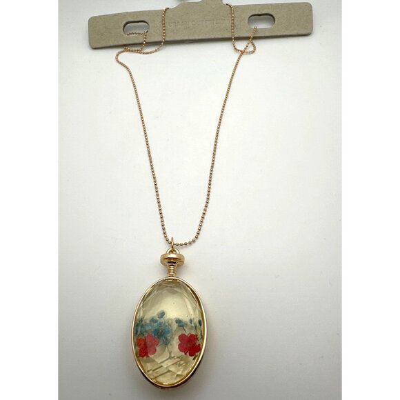 Urban Outfitters Pressed Floral Pendant Necklace Acrylic Gold Tone Timeless - Picture 3 of 6